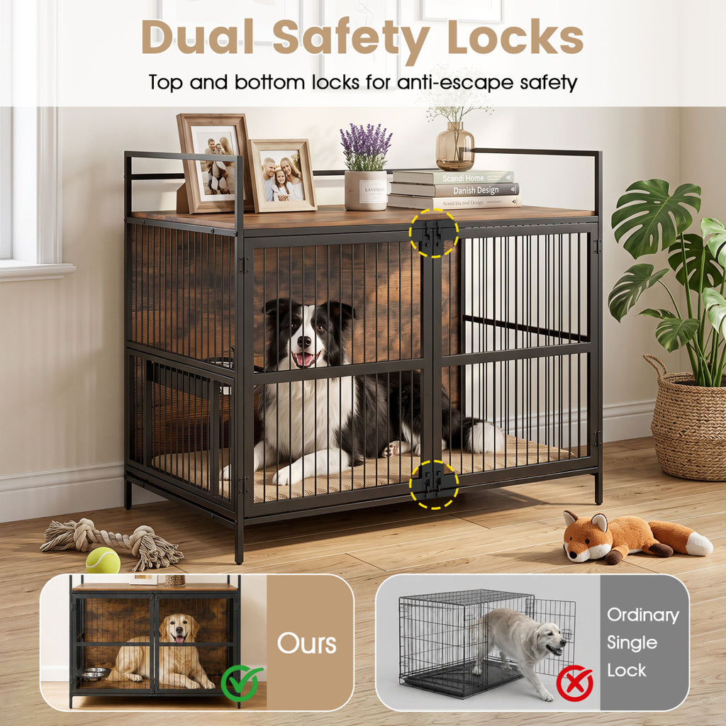 Wooden Dog Crate Furniture with Swivel Feeding Holder for Medium Dogs - Brown