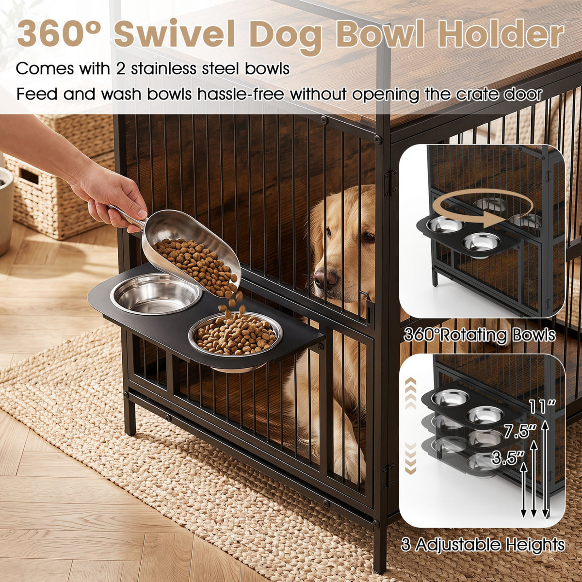 Wooden Dog Crate Furniture with Swivel Feeding Holder for Medium Dogs - Brown