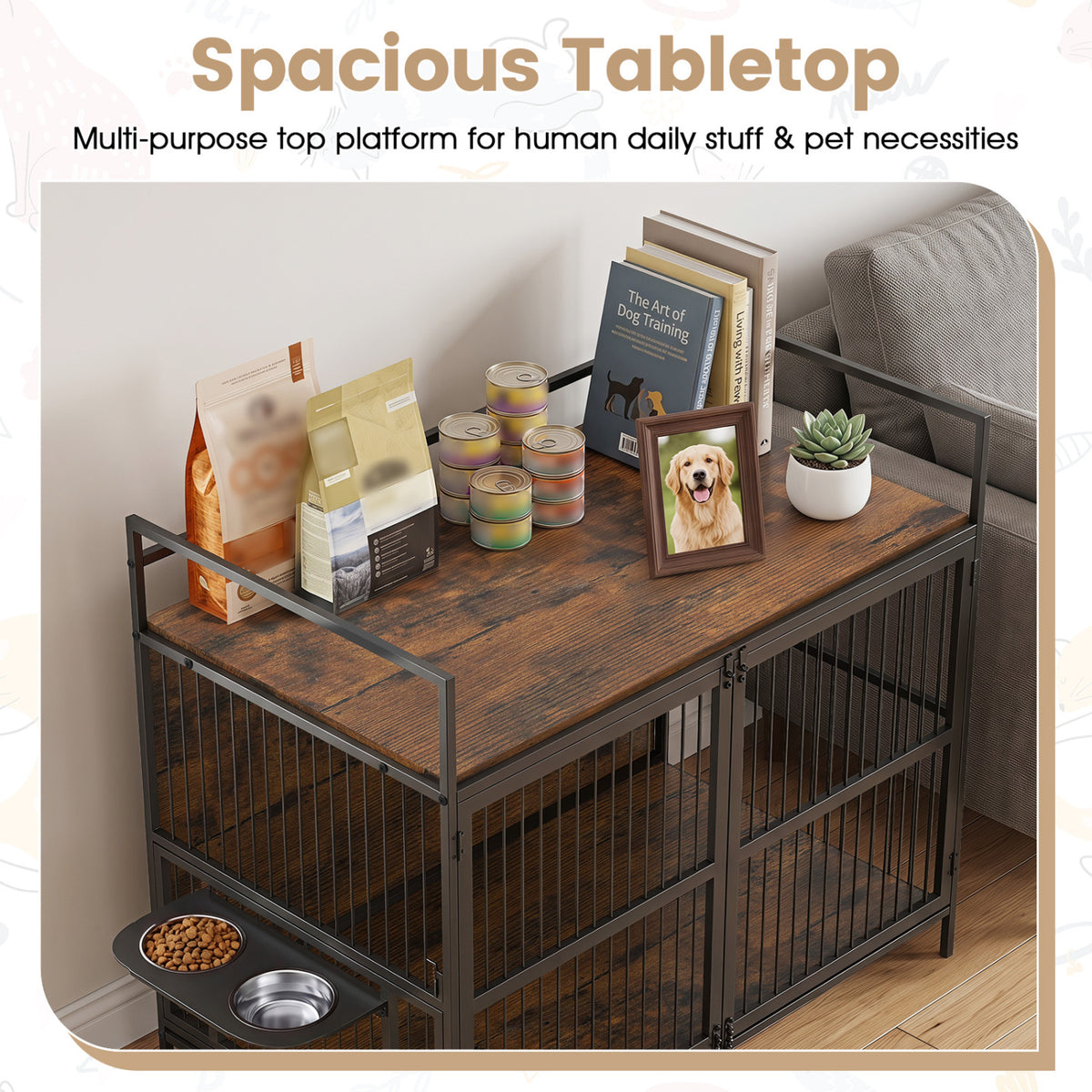 Wooden Dog Crate Furniture with Swivel Feeding Holder for Medium Dogs - Brown