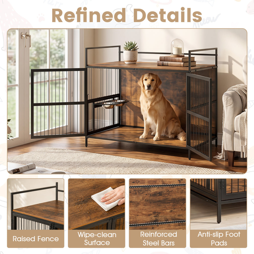 Wooden Dog Crate Furniture with Swivel Feeding Holder for Medium Dogs - Brown