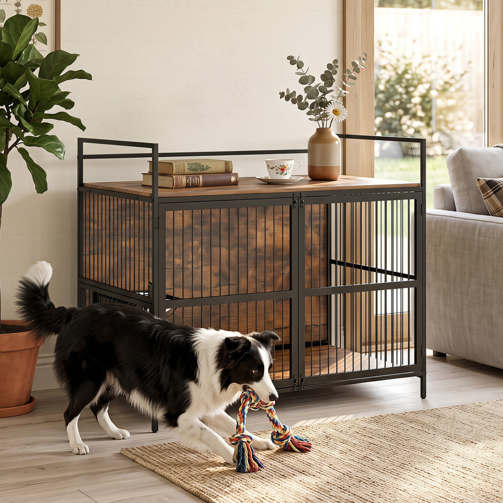 Wooden Dog Crate Furniture with Swivel Feeding Holder for Medium Dogs - Brown