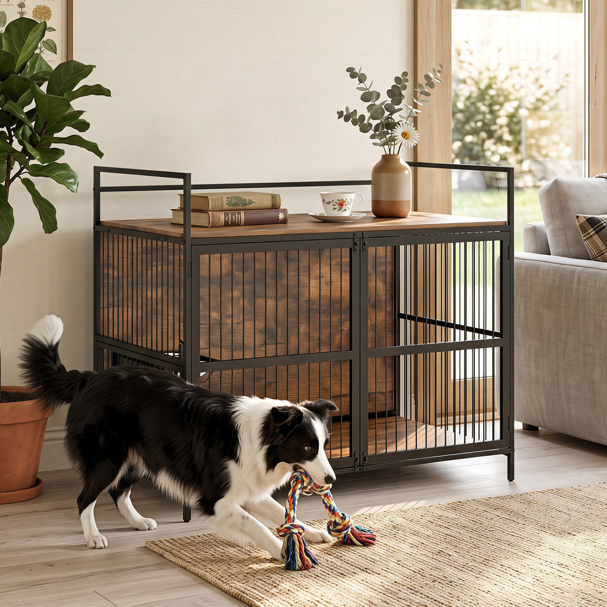 Wooden Dog Crate Furniture with Swivel Feeding Holder for Medium Dogs - Brown