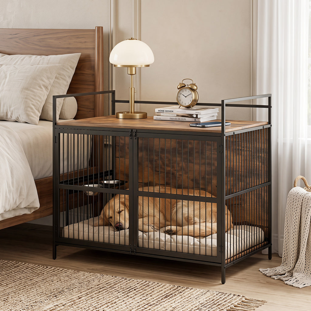 Wooden Dog Crate Furniture with Swivel Feeding Holder for Medium Dogs - Brown