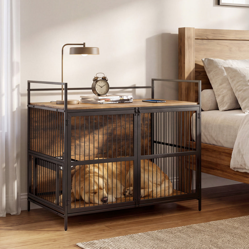 Wooden Dog Crate Furniture with Swivel Feeding Holder for Medium Dogs - Brown