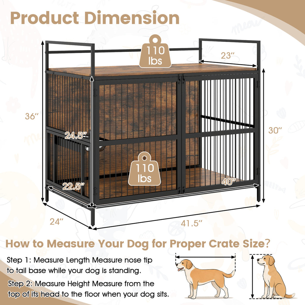 Wooden Dog Crate Furniture with Swivel Feeding Holder for Medium Dogs - Brown