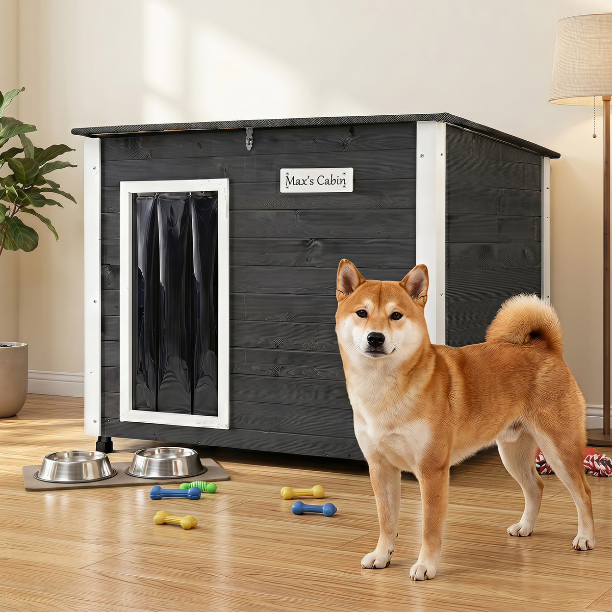 Wooden Dog House Outdoor with Spruce Frame, Removable Floor & Asphalt Roof - PVC Curtains S Variation