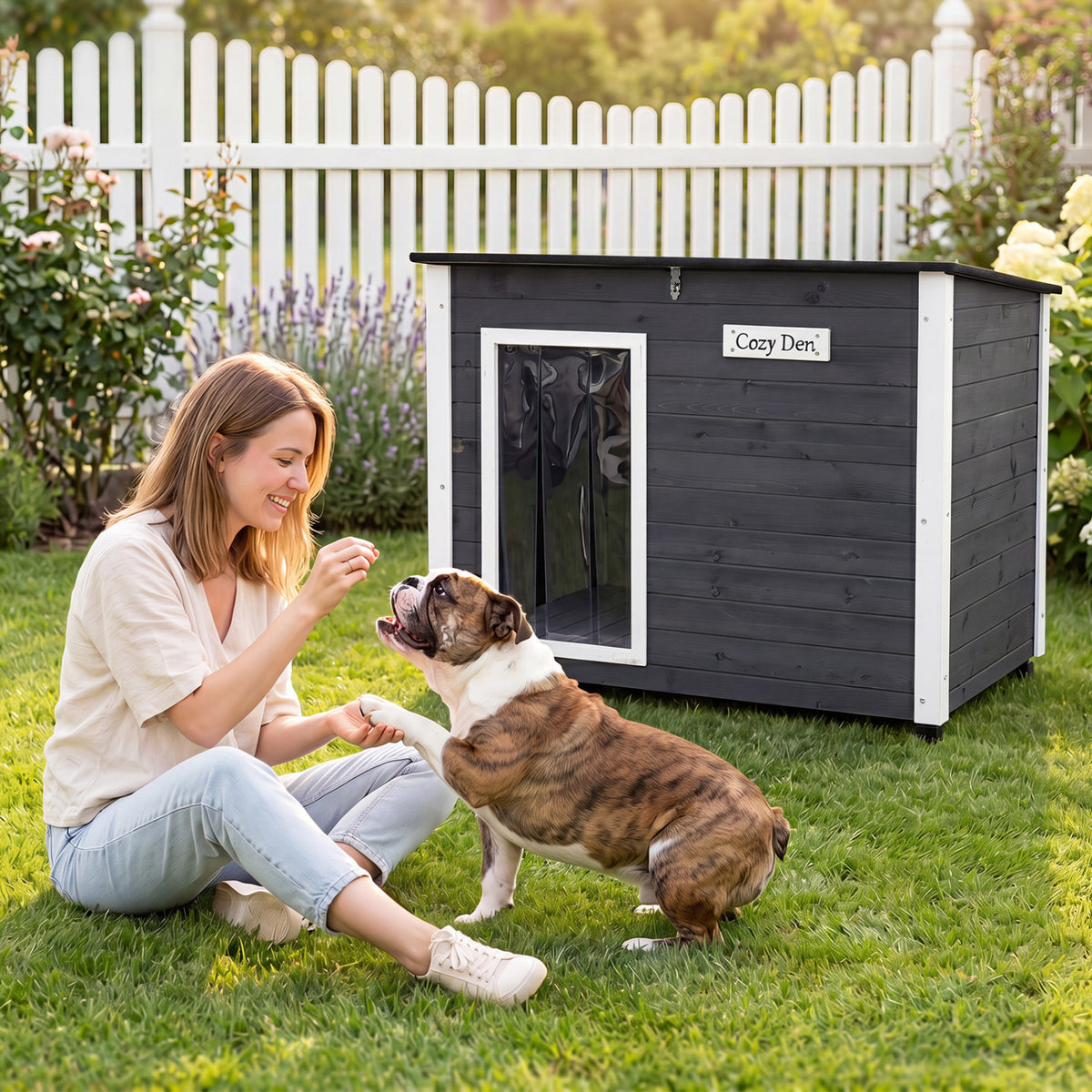 Wooden Dog House Outdoor with Spruce Frame, Removable Floor & Asphalt Roof - PVC Curtains S Variation