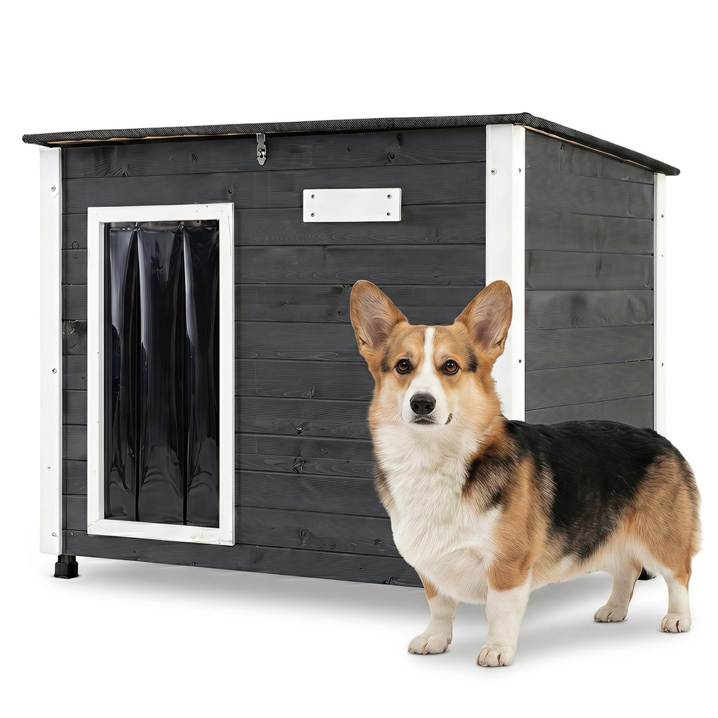 Wooden Dog House Outdoor with Spruce Frame, Removable Floor & Asphalt Roof - PVC Curtains S Variation