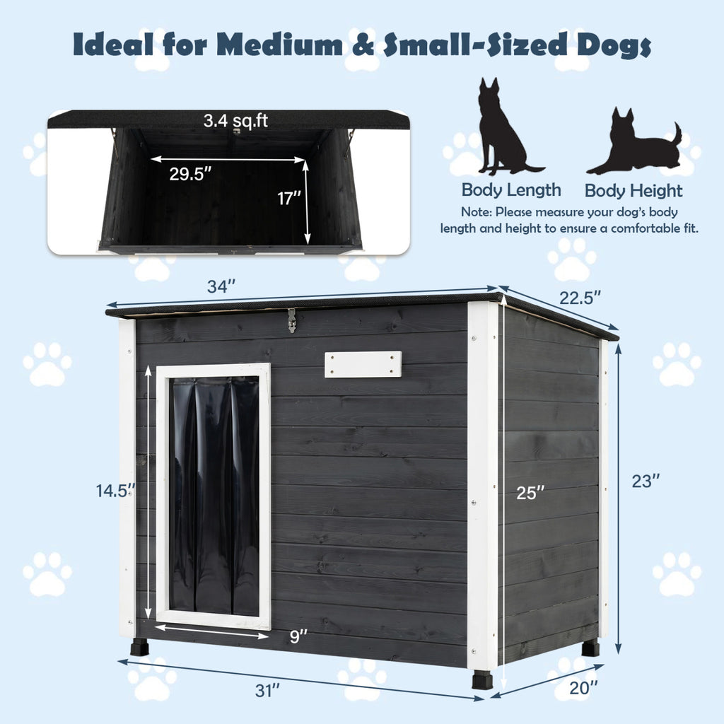 Wooden Dog House Outdoor with Spruce Frame, Removable Floor & Asphalt Roof - PVC Curtains S Variation