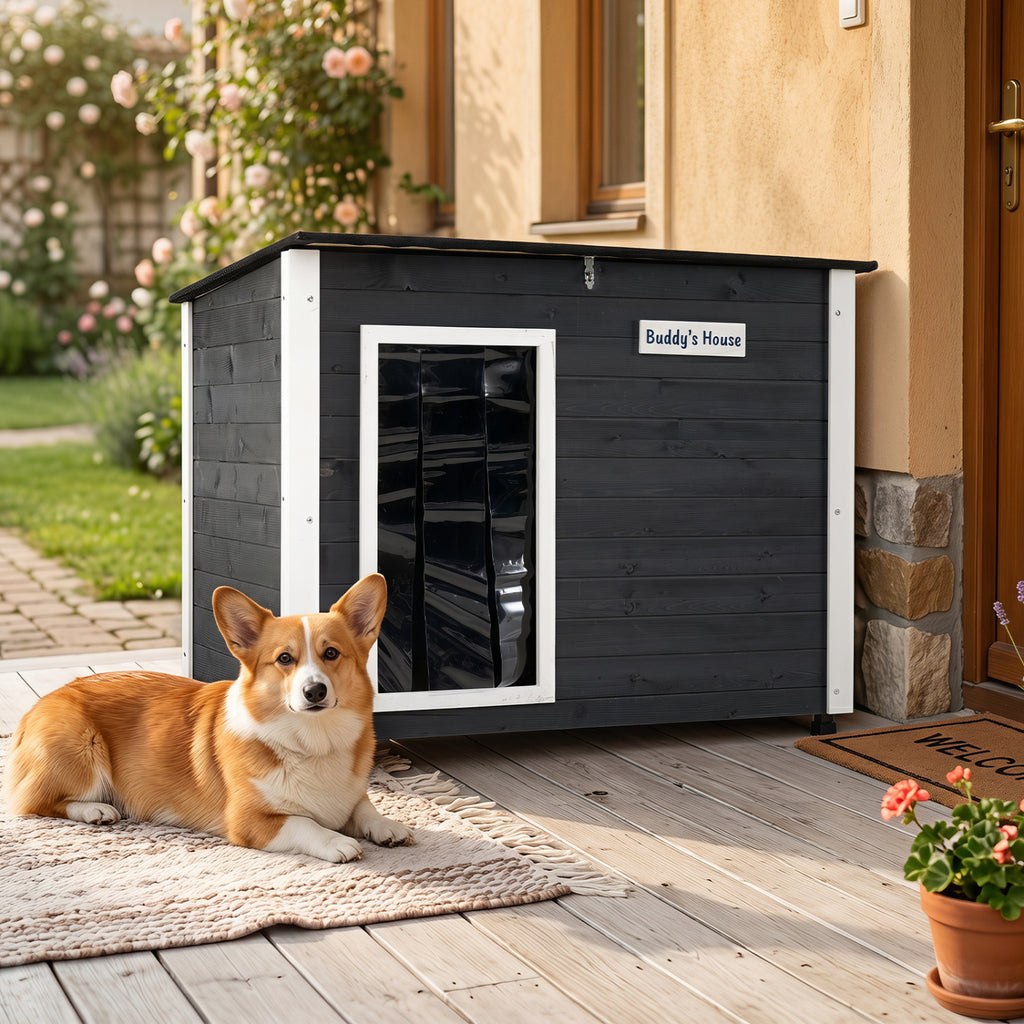 Wooden Dog House Outdoor with Spruce Frame, Removable Floor & Asphalt Roof - PVC Curtains S Variation