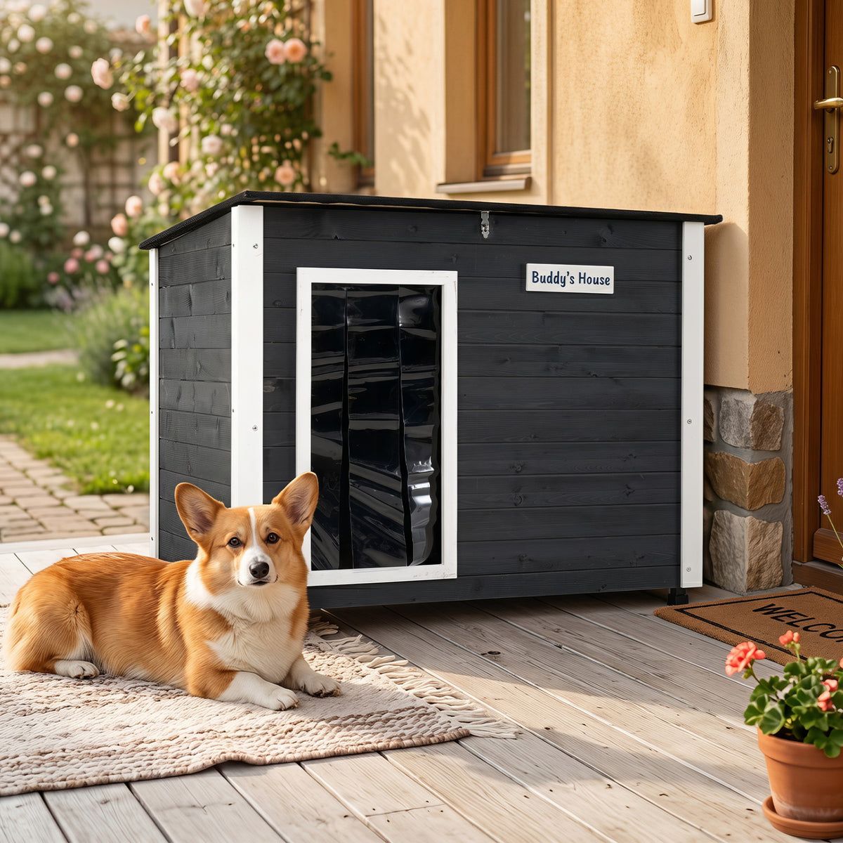 Wooden Dog House Outdoor with Spruce Frame, Removable Floor & Asphalt Roof - PVC Curtains S Variation