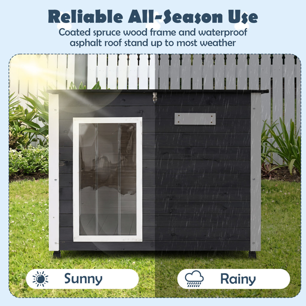 Wooden Dog House Outdoor with Spruce Frame, Removable Floor & Asphalt Roof - PVC Curtains S Variation