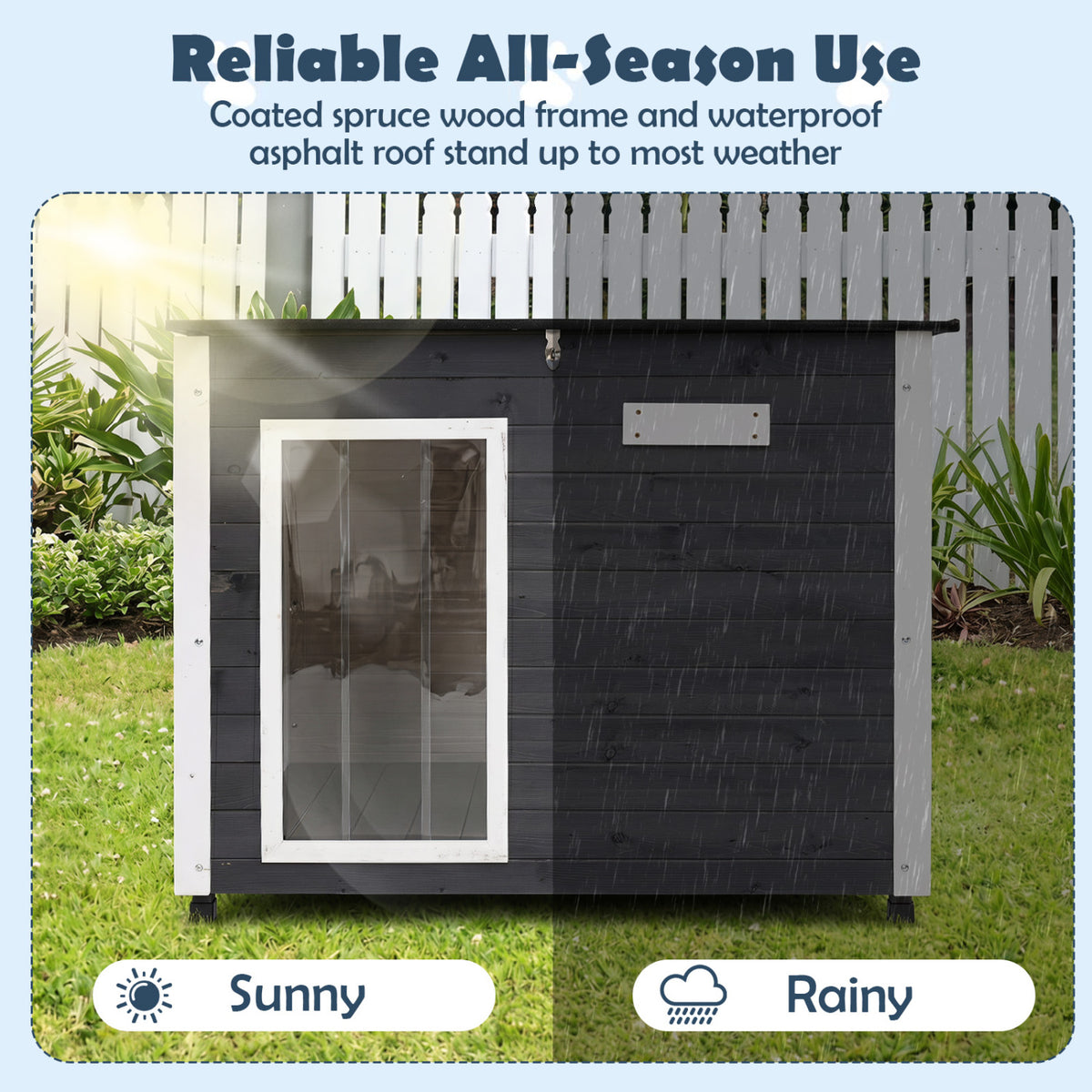 Wooden Dog House Outdoor with Spruce Frame, Removable Floor & Asphalt Roof - PVC Curtains S Variation