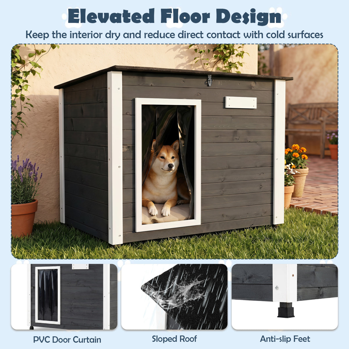 Wooden Dog House Outdoor with Spruce Frame, Removable Floor & Asphalt Roof - PVC Curtains S Variation