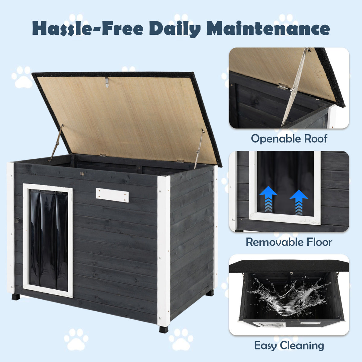 Wooden Dog House Outdoor with Spruce Frame, Removable Floor & Asphalt Roof - PVC Curtains S Variation