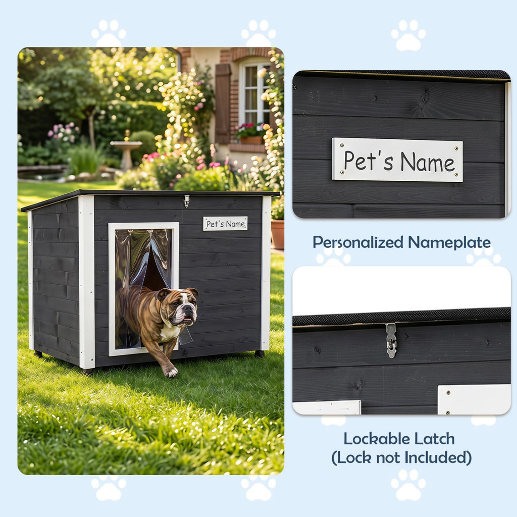 Wooden Dog House Outdoor with Spruce Frame, Removable Floor & Asphalt Roof - PVC Curtains S Variation