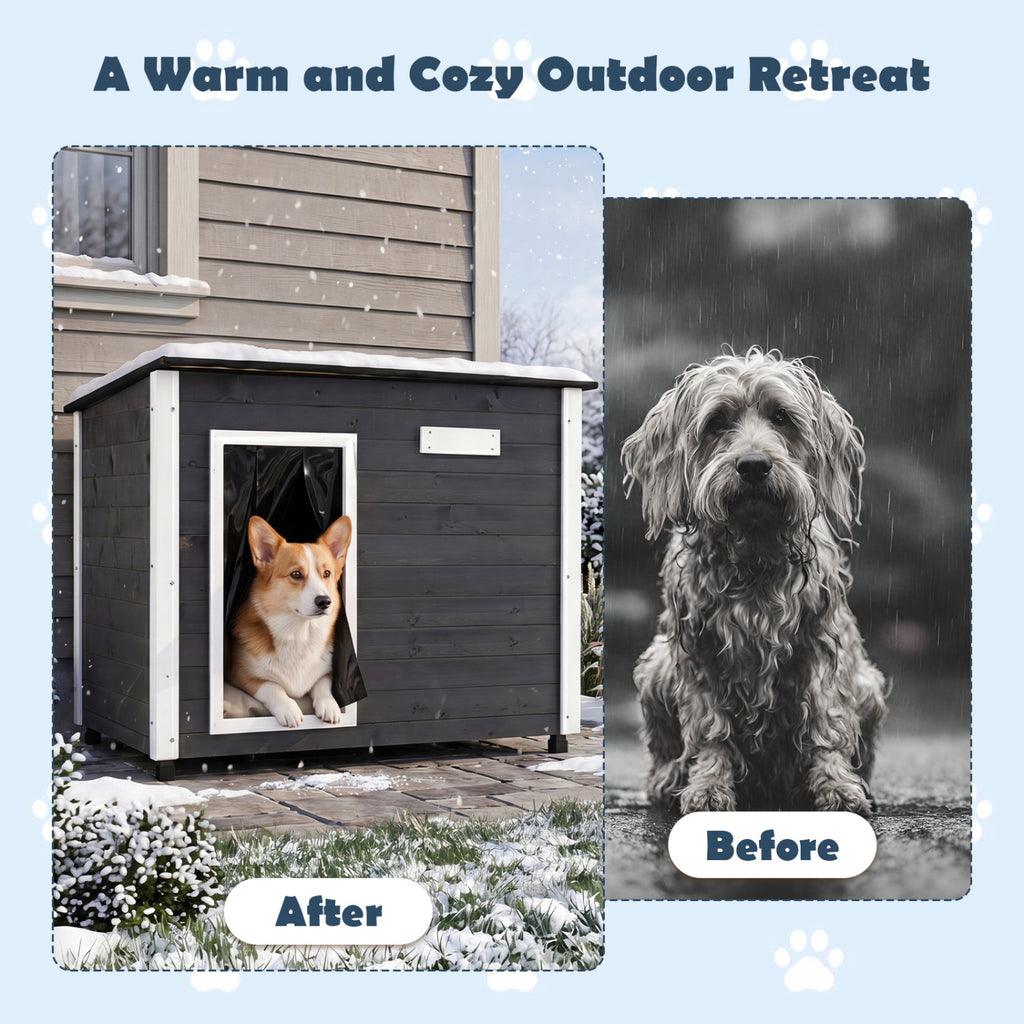 Wooden Dog House Outdoor with Spruce Frame, Removable Floor & Asphalt Roof - PVC Curtains S Variation