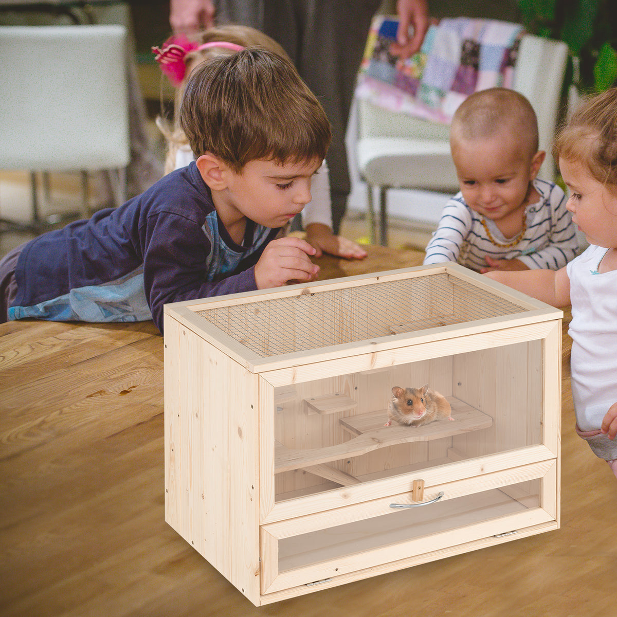 Table Hamster Cage with Mesh Flip Roof - Natural Wood & Acrylic, Small Pet Habitat