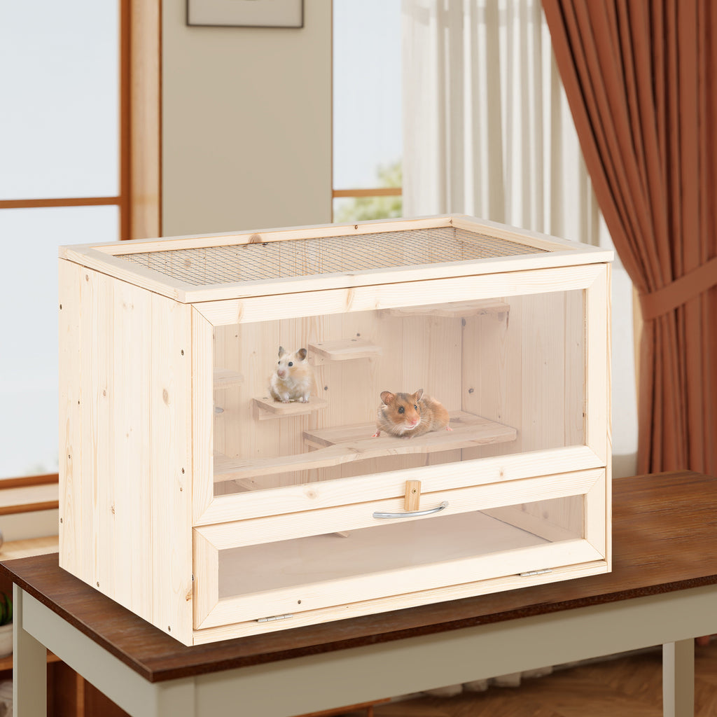 Table Hamster Cage with Mesh Flip Roof - Natural Wood & Acrylic, Small Pet Habitat