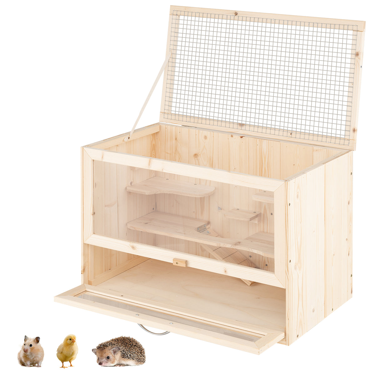 Table Hamster Cage with Mesh Flip Roof - Natural Wood & Acrylic, Small Pet Habitat