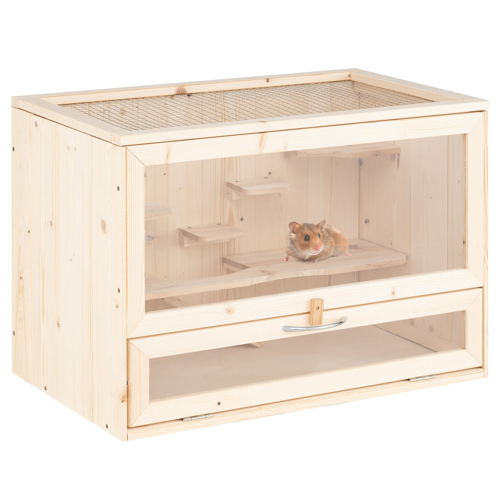 Table Hamster Cage with Mesh Flip Roof - Natural Wood & Acrylic, Small Pet Habitat