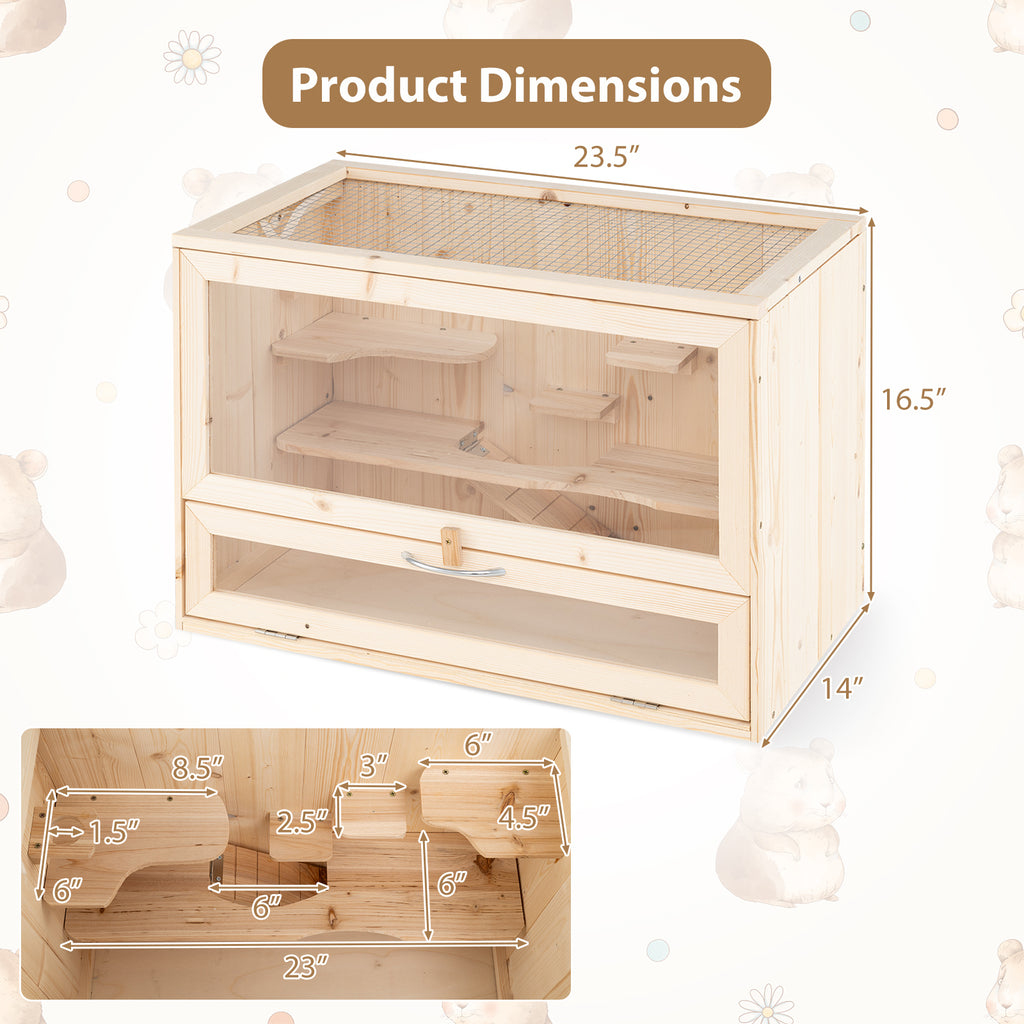 Table Hamster Cage with Mesh Flip Roof - Natural Wood & Acrylic, Small Pet Habitat