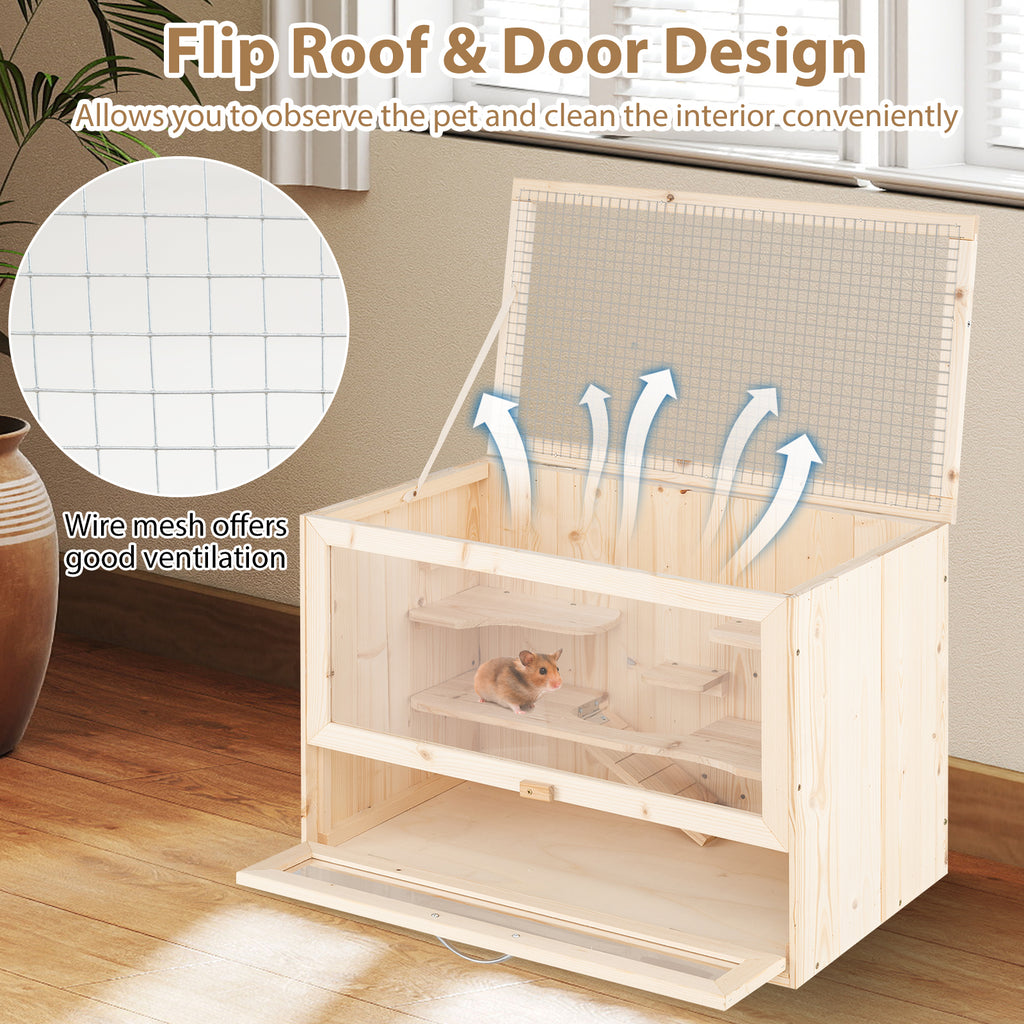 Table Hamster Cage with Mesh Flip Roof - Natural Wood & Acrylic, Small Pet Habitat