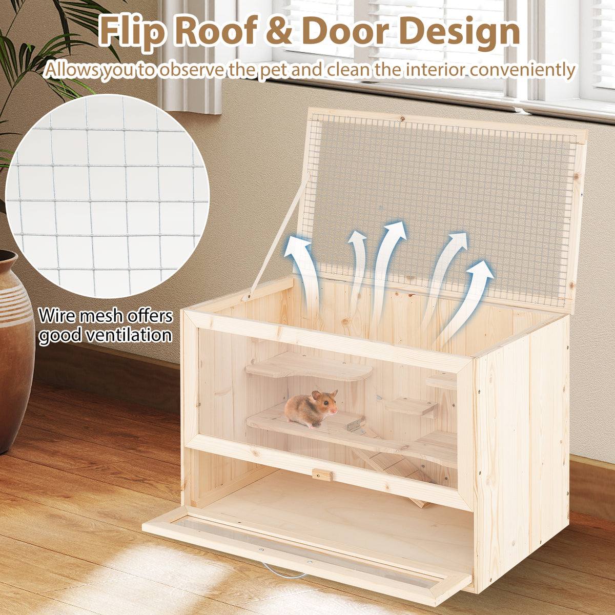 Table Hamster Cage with Mesh Flip Roof - Natural Wood & Acrylic, Small Pet Habitat
