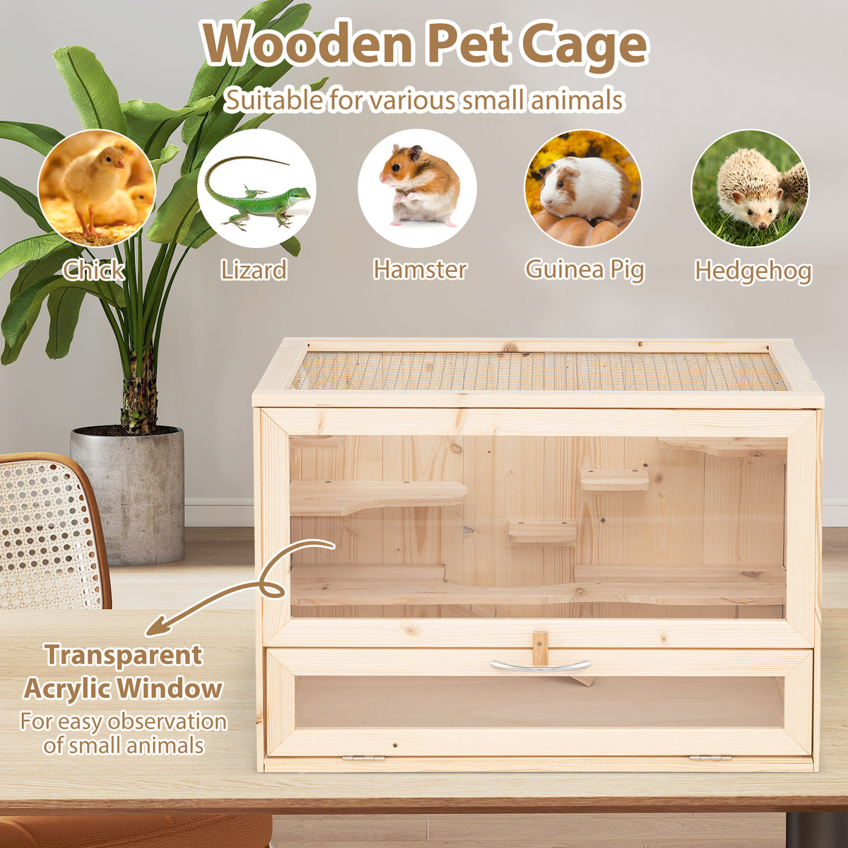 Table Hamster Cage with Mesh Flip Roof - Natural Wood & Acrylic, Small Pet Habitat