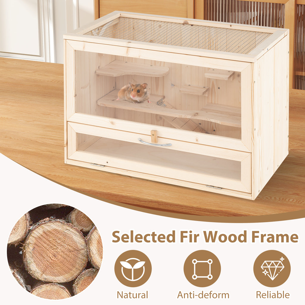Table Hamster Cage with Mesh Flip Roof - Natural Wood & Acrylic, Small Pet Habitat