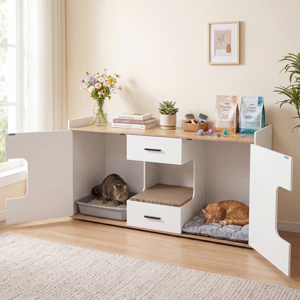Natural Wooden Hidden Cat House Cabinet with Countertop, 2 Drawers & Doors