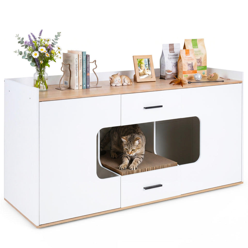 Natural Wooden Hidden Cat House Cabinet with Countertop, 2 Drawers & Doors