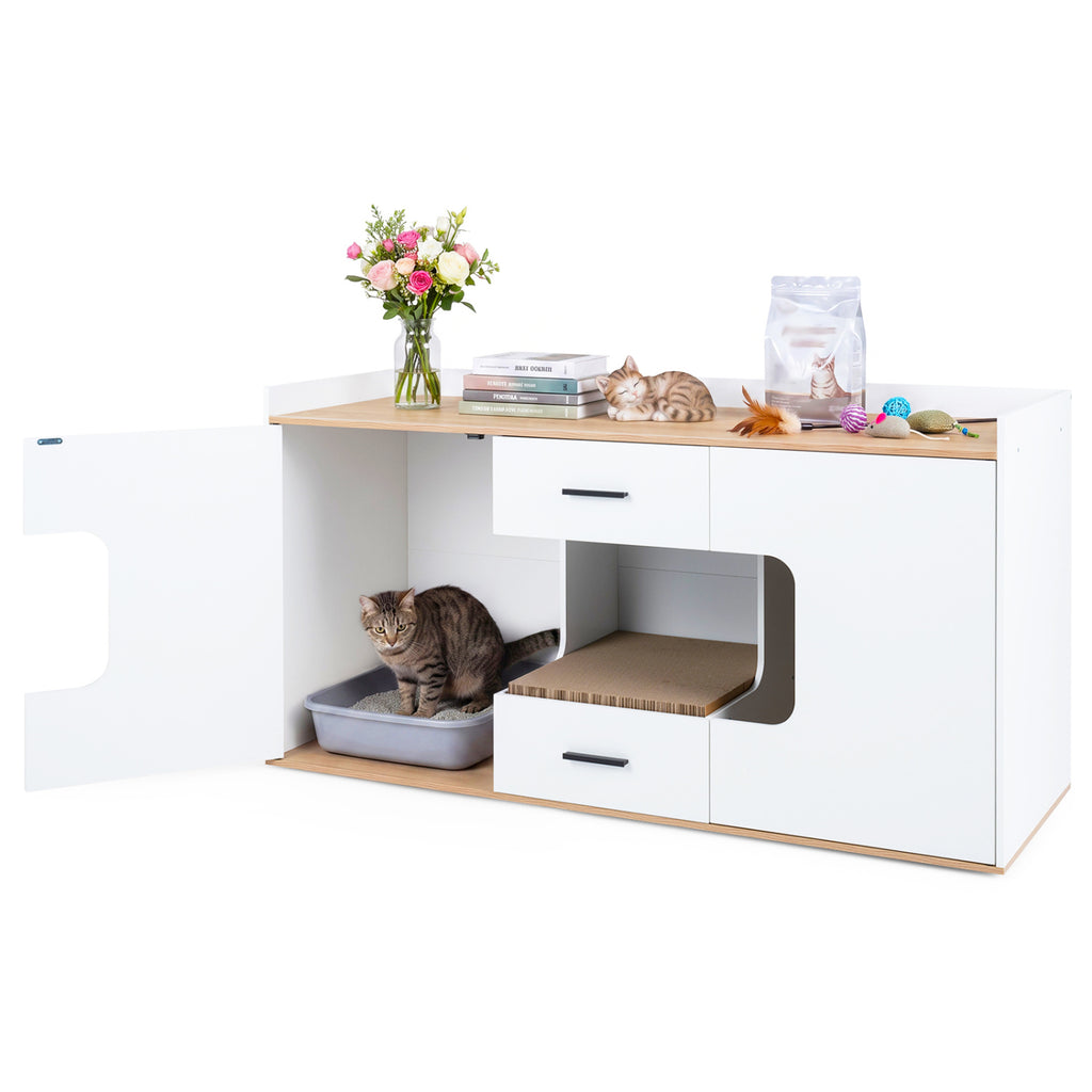 Natural Wooden Hidden Cat House Cabinet with Countertop, 2 Drawers & Doors