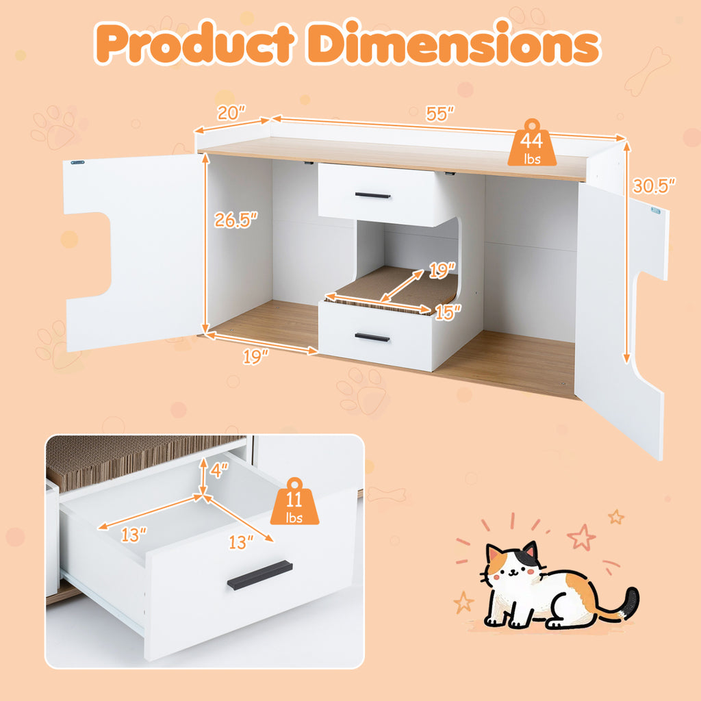 Natural Wooden Hidden Cat House Cabinet with Countertop, 2 Drawers & Doors