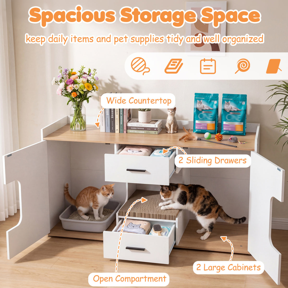Natural Wooden Hidden Cat House Cabinet with Countertop, 2 Drawers & Doors