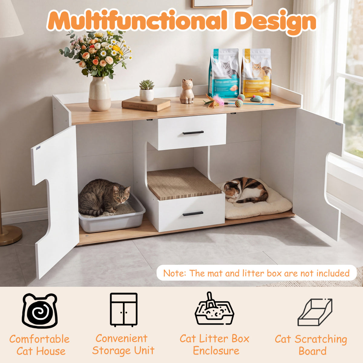 Natural Wooden Hidden Cat House Cabinet with Countertop, 2 Drawers & Doors