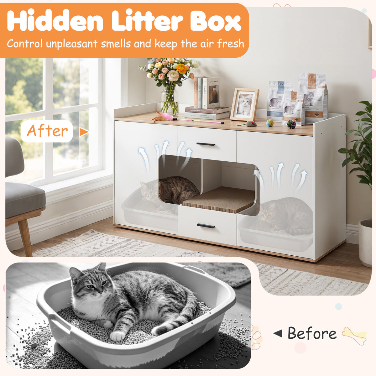 Natural Wooden Hidden Cat House Cabinet with Countertop, 2 Drawers & Doors