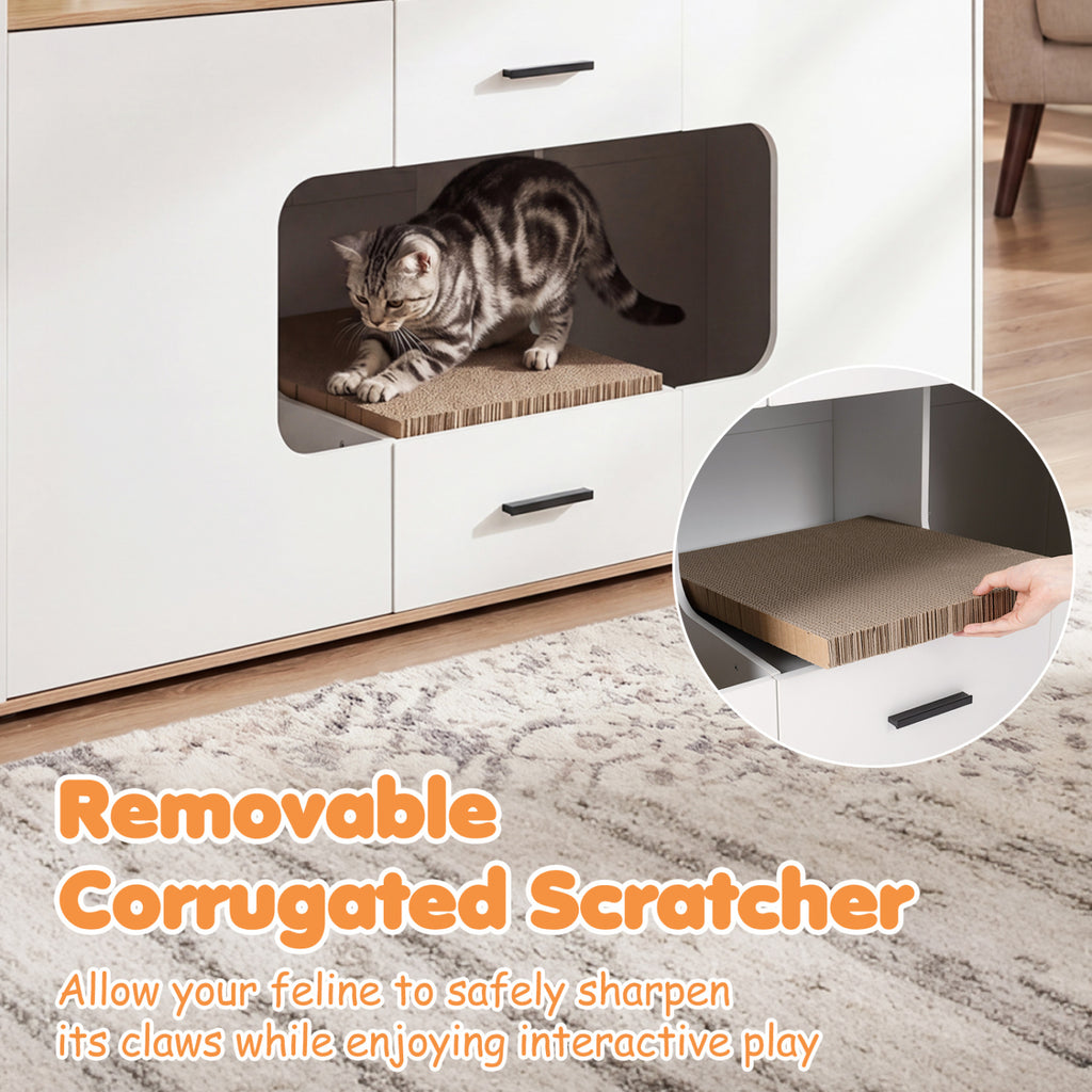 Natural Wooden Hidden Cat House Cabinet with Countertop, 2 Drawers & Doors