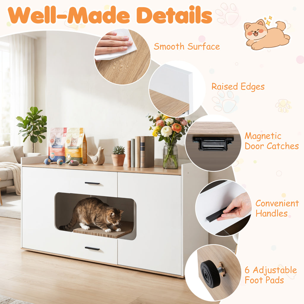 Natural Wooden Hidden Cat House Cabinet with Countertop, 2 Drawers & Doors