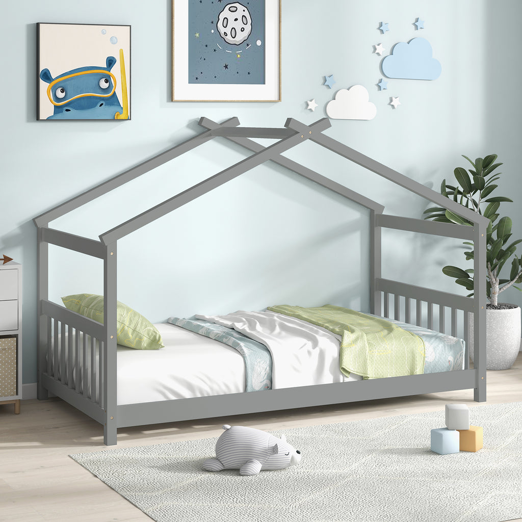 Twin Size Wooden House Bed, Gray