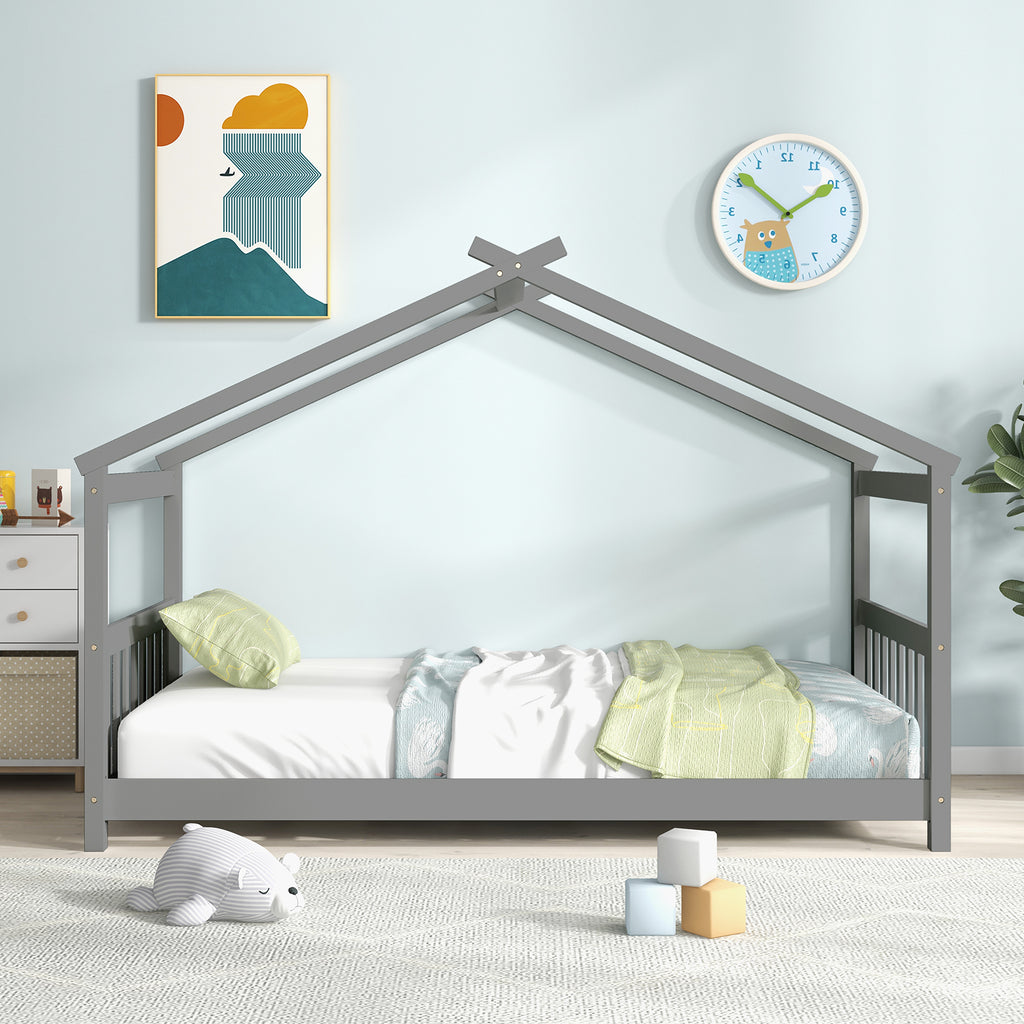 Twin Size Wooden House Bed, Gray