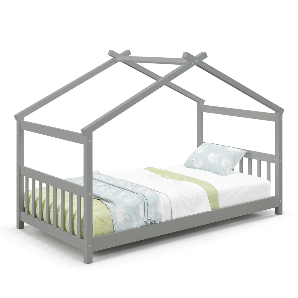 Twin Size Wooden House Bed, Gray