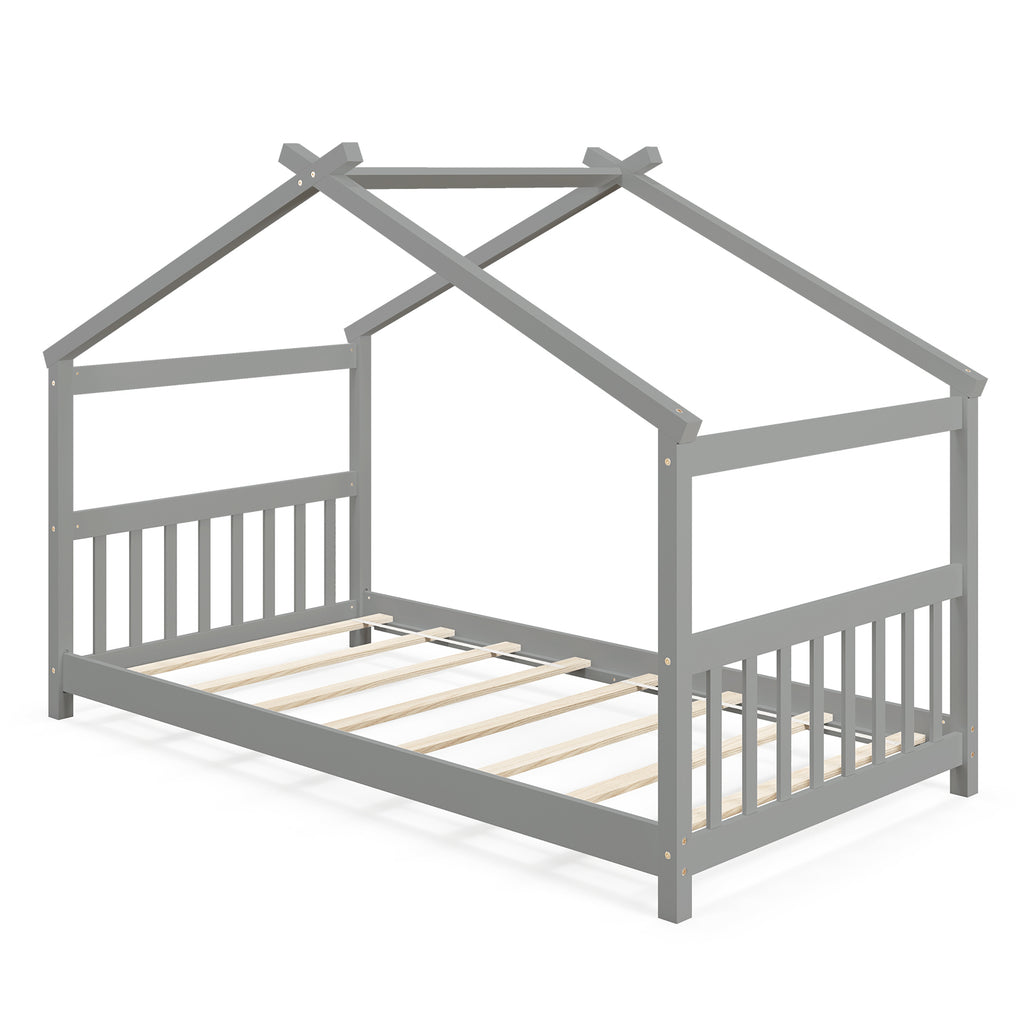 Twin Size Wooden House Bed, Gray