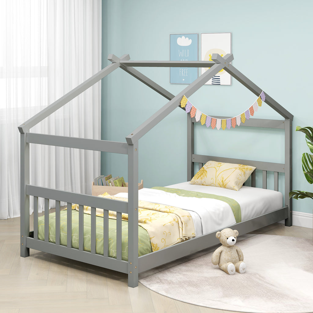 Twin Size Wooden House Bed, Gray
