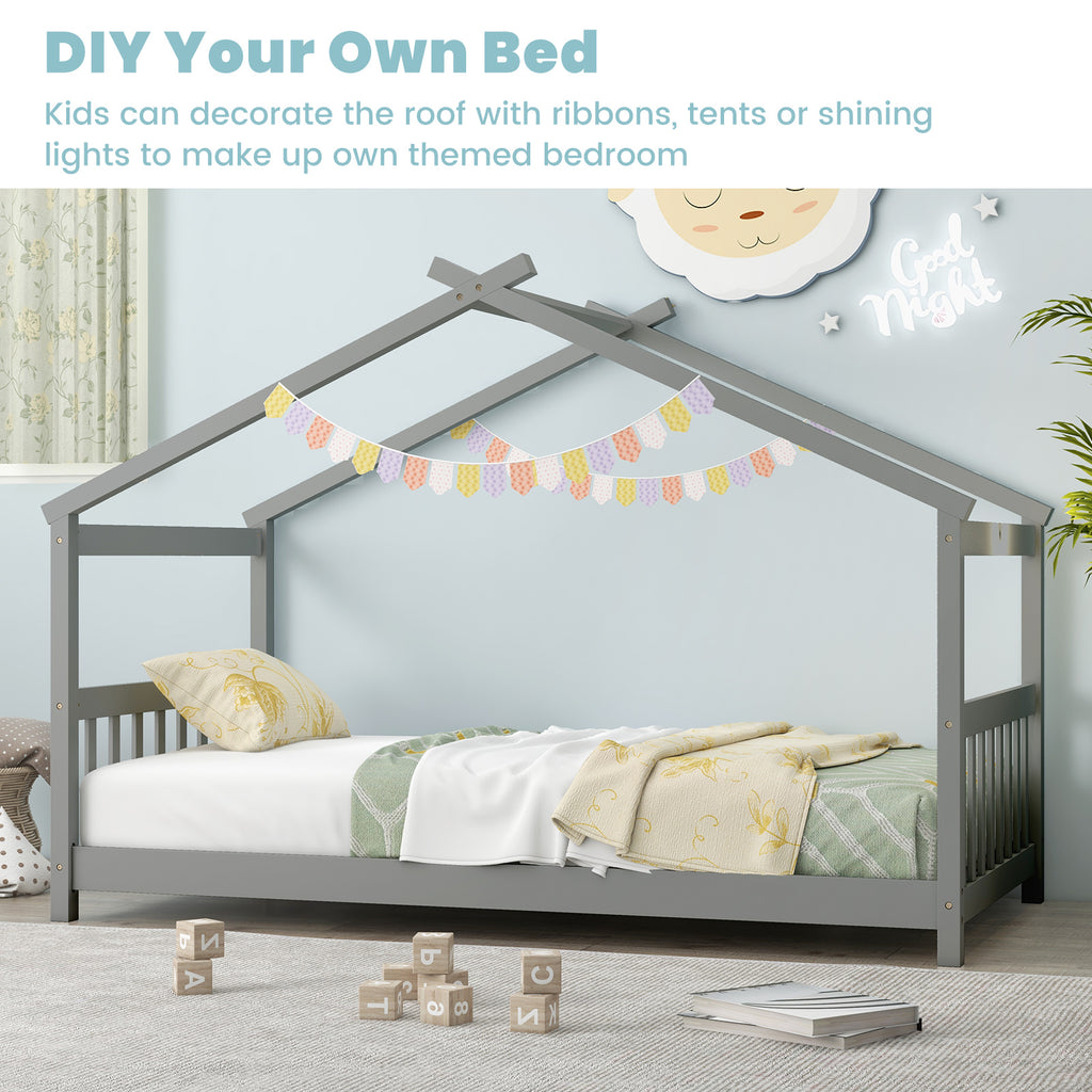 Twin Size Wooden House Bed, Gray