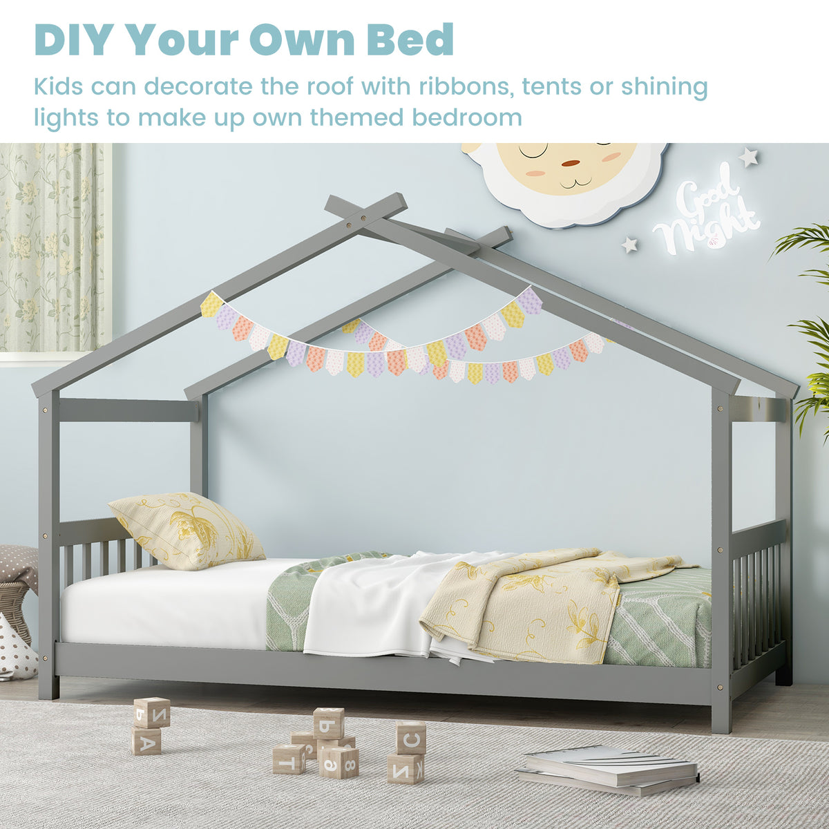 Twin Size Wooden House Bed, Gray