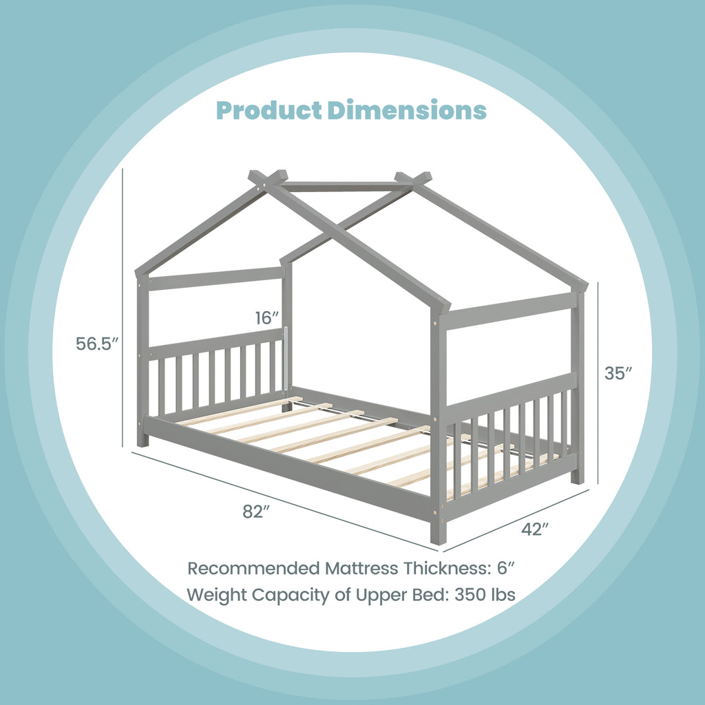Twin Size Wooden House Bed, Gray