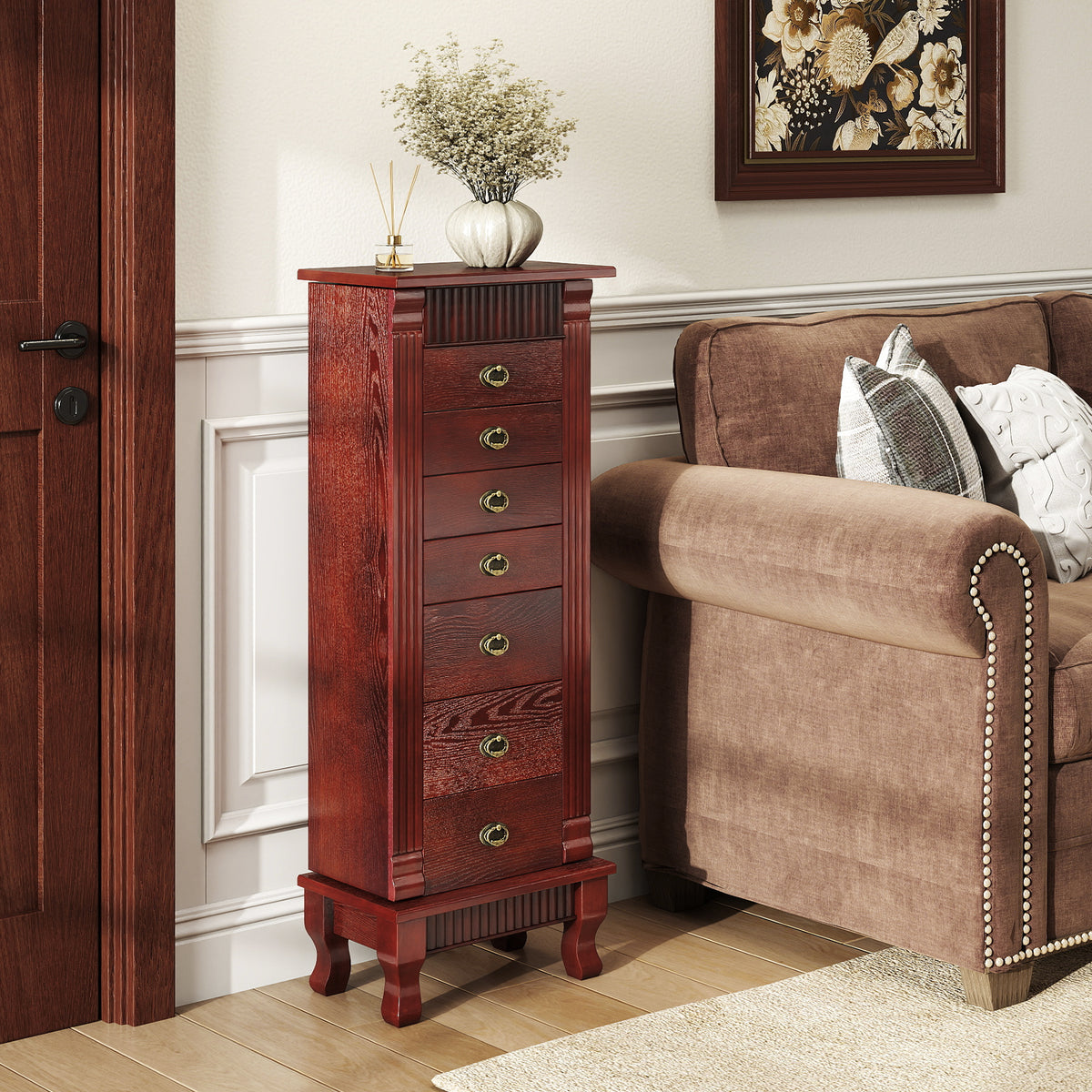 Wooden Jewelry Armoire Cabinet with Drawers - 15" x 9" x 38.5", Brown