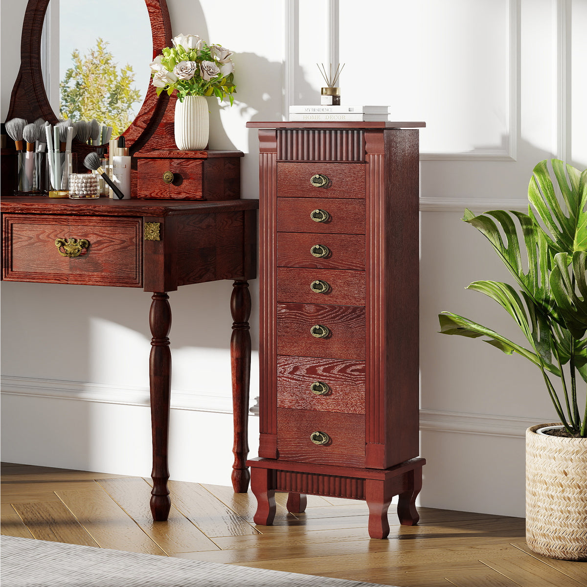 Wooden Jewelry Armoire Cabinet with Drawers - 15" x 9" x 38.5", Brown