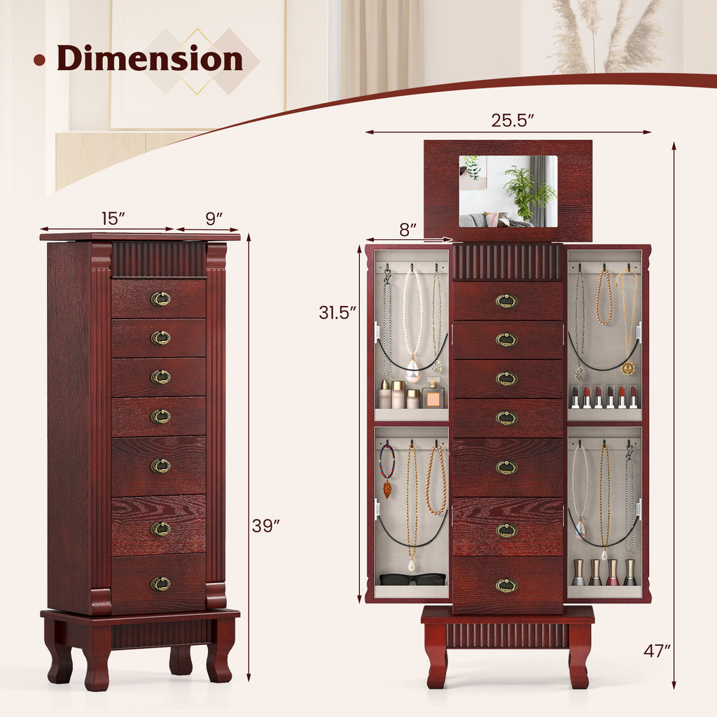 Wooden Jewelry Armoire Cabinet with Drawers - 15" x 9" x 38.5", Brown